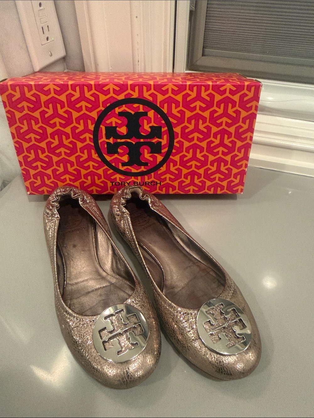 Tory Burch Metallic Bronze Logo Reva Ballet Flats Size 8